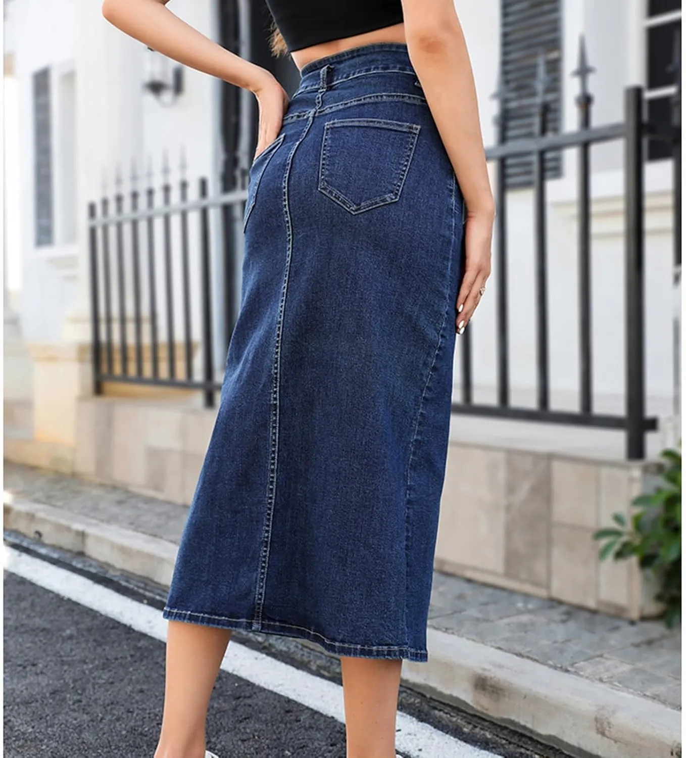 Women's Cargo Denim Pencil Skirt Dressy High Waist Office Work Midi Skirts Sexy Slim Fit Split Front Hem Jean Skirt
