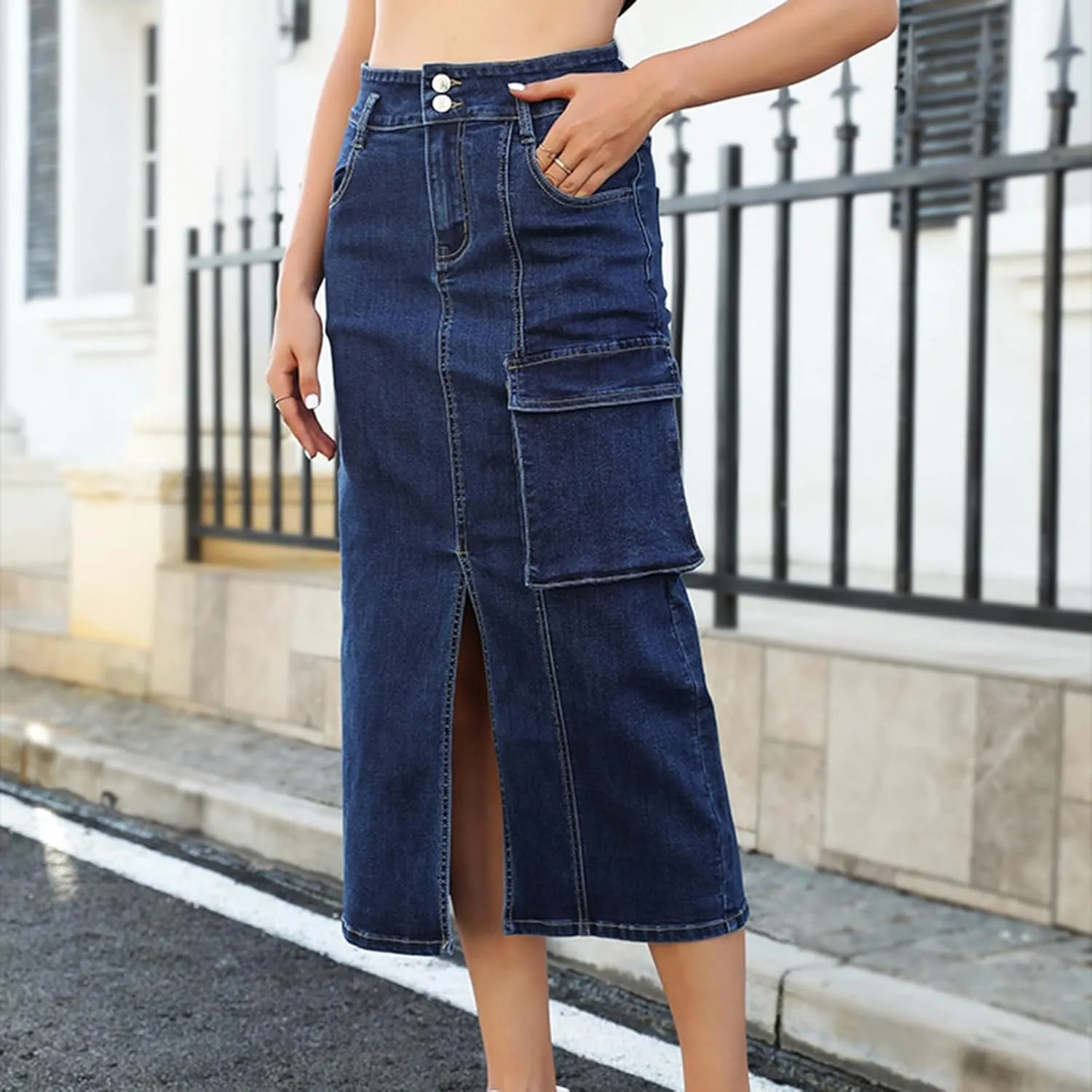 Women's Cargo Denim Pencil Skirt Dressy High Waist Office Work Midi Skirts Sexy Slim Fit Split Front Hem Jean Skirt