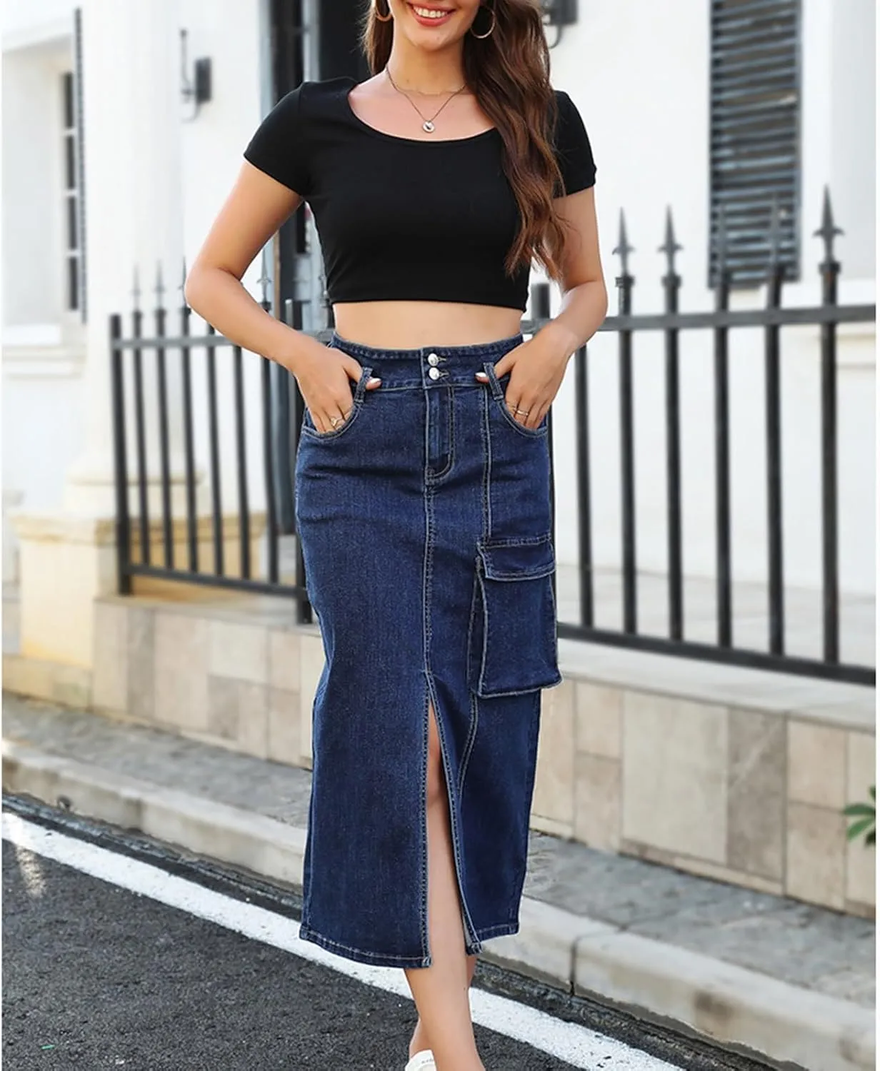 Women's Cargo Denim Pencil Skirt Dressy High Waist Office Work Midi Skirts Sexy Slim Fit Split Front Hem Jean Skirt