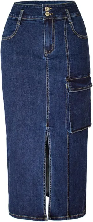 Women's Cargo Denim Pencil Skirt Dressy High Waist Office Work Midi Skirts Sexy Slim Fit Split Front Hem Jean Skirt
