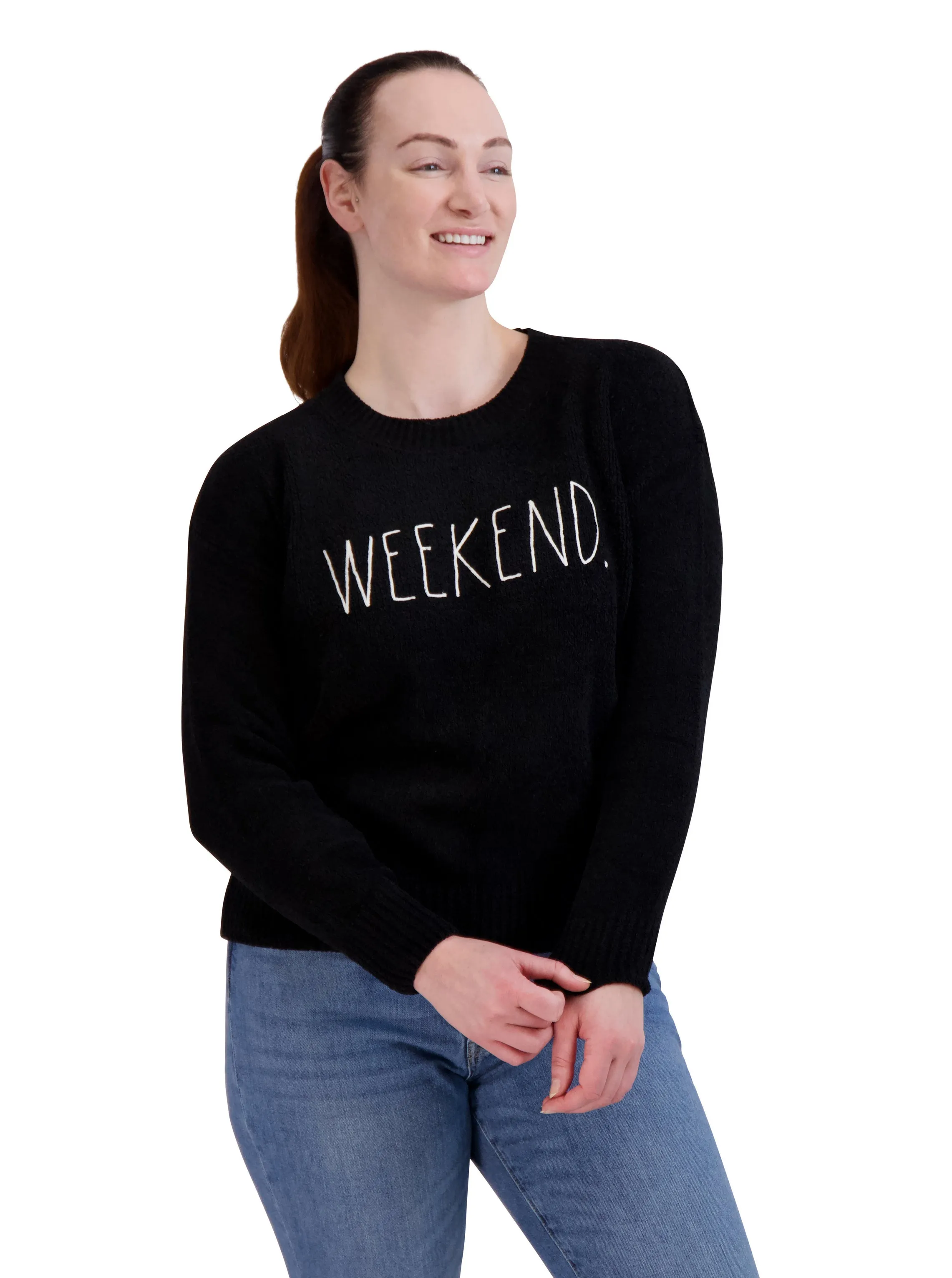 Women's Embroidered "WEEKEND" Chenille Sweater