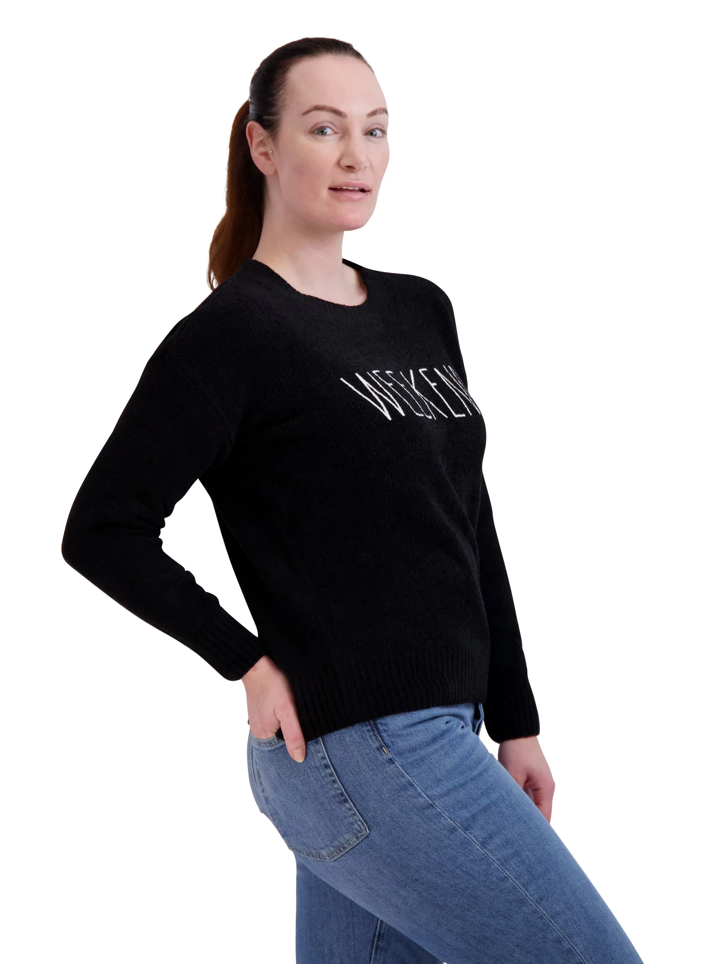 Women's Embroidered "WEEKEND" Chenille Sweater