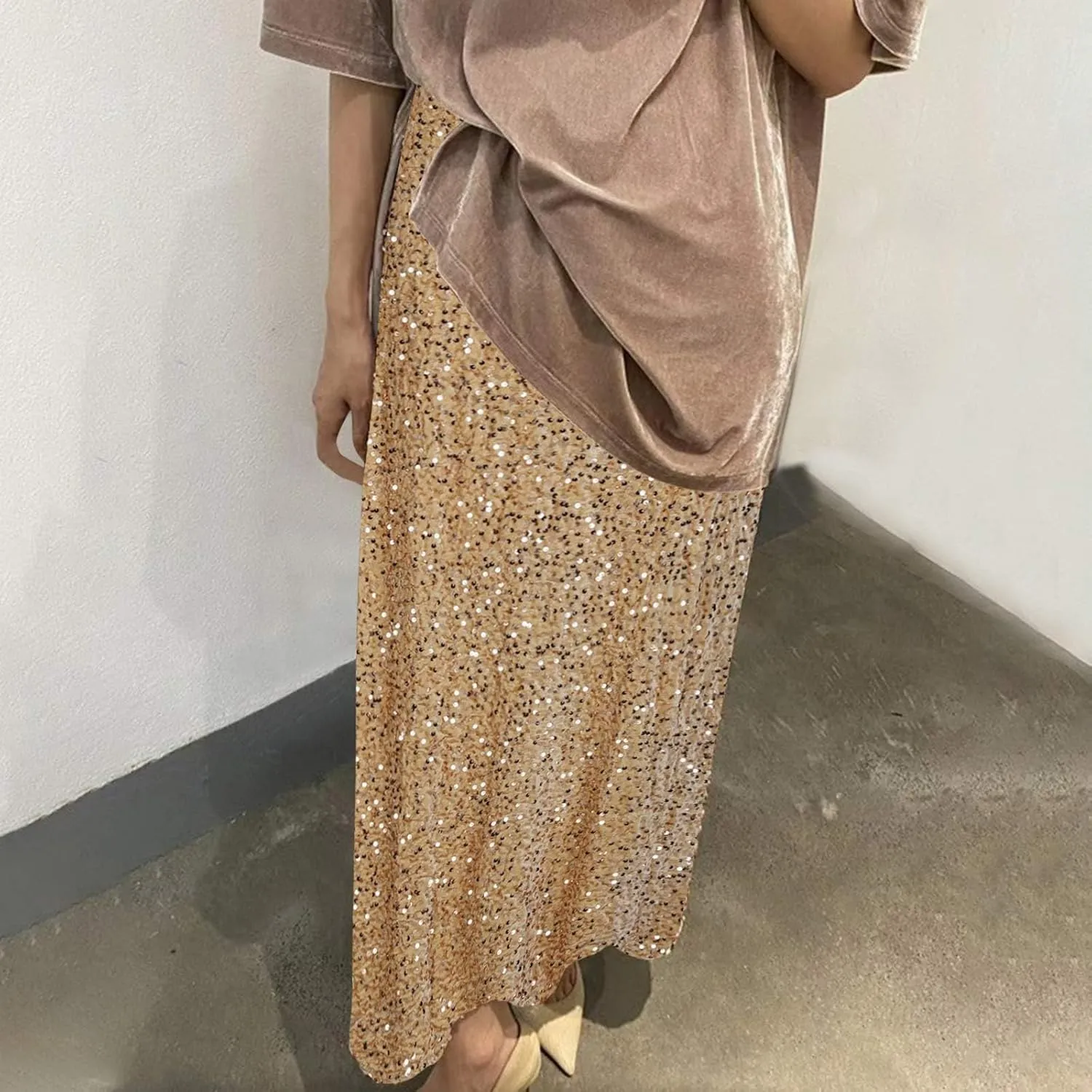 Women's Sequin Velvet Maxi Skirt Elastic High Waist Sparkle Cocktail Skirts Elegant Slim Fit Prom Party Pencil Skirt