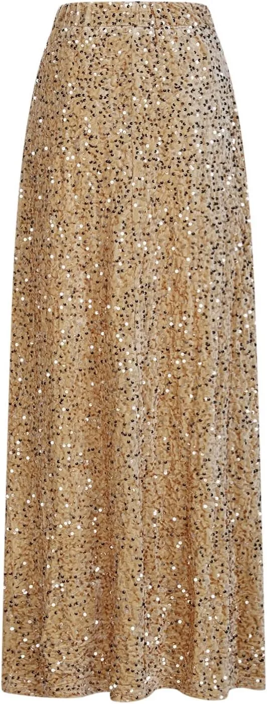 Women's Sequin Velvet Maxi Skirt Elastic High Waist Sparkle Cocktail Skirts Elegant Slim Fit Prom Party Pencil Skirt