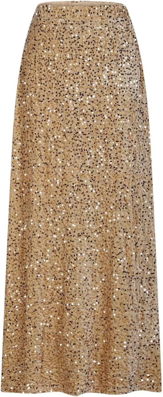 Women's Sequin Velvet Maxi Skirt Elastic High Waist Sparkle Cocktail Skirts Elegant Slim Fit Prom Party Pencil Skirt