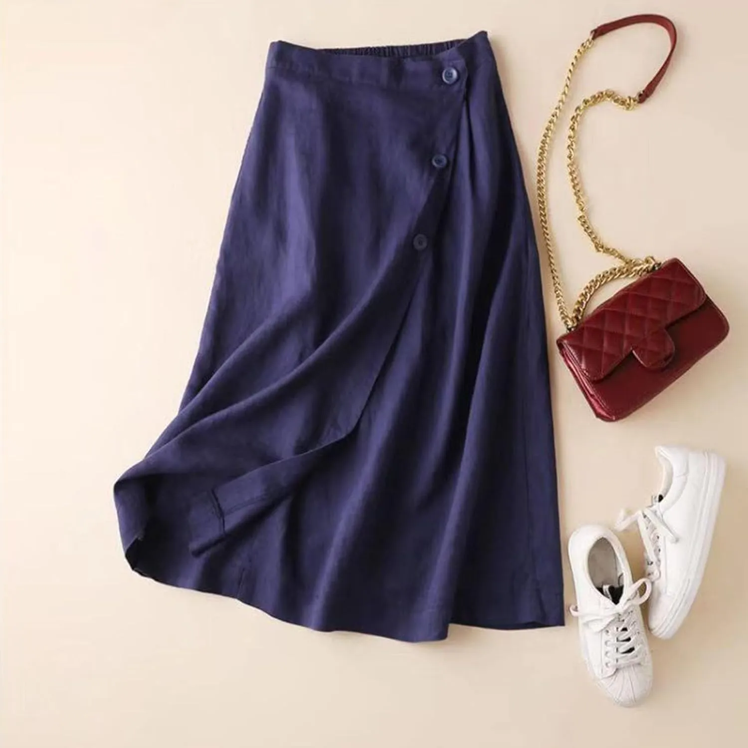 Women's Summer Casual Loose Trendy Elastic Waist Solid Flowy Long Maxi Sun Beach Linen Skirts, M-2XL
